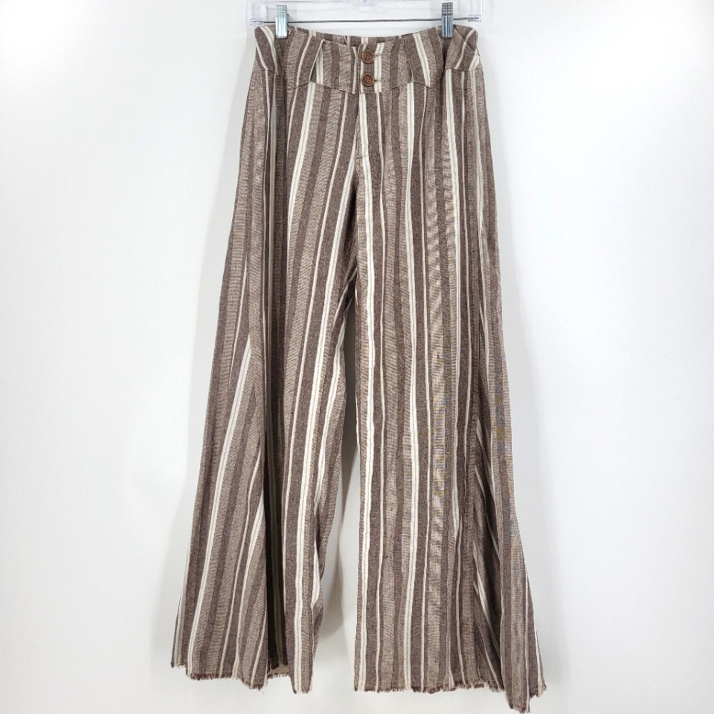 Umgee Wide Leg Bell Bottom Flare Pants High Rise Striped Raw Hem Small 4/6